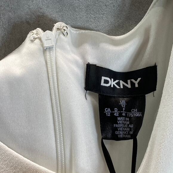 DKNY Women's Cream Illusion Dotted 3/4 Sleeve Crewneck Crepe Shift Mini Dress - Picture 9 of 12